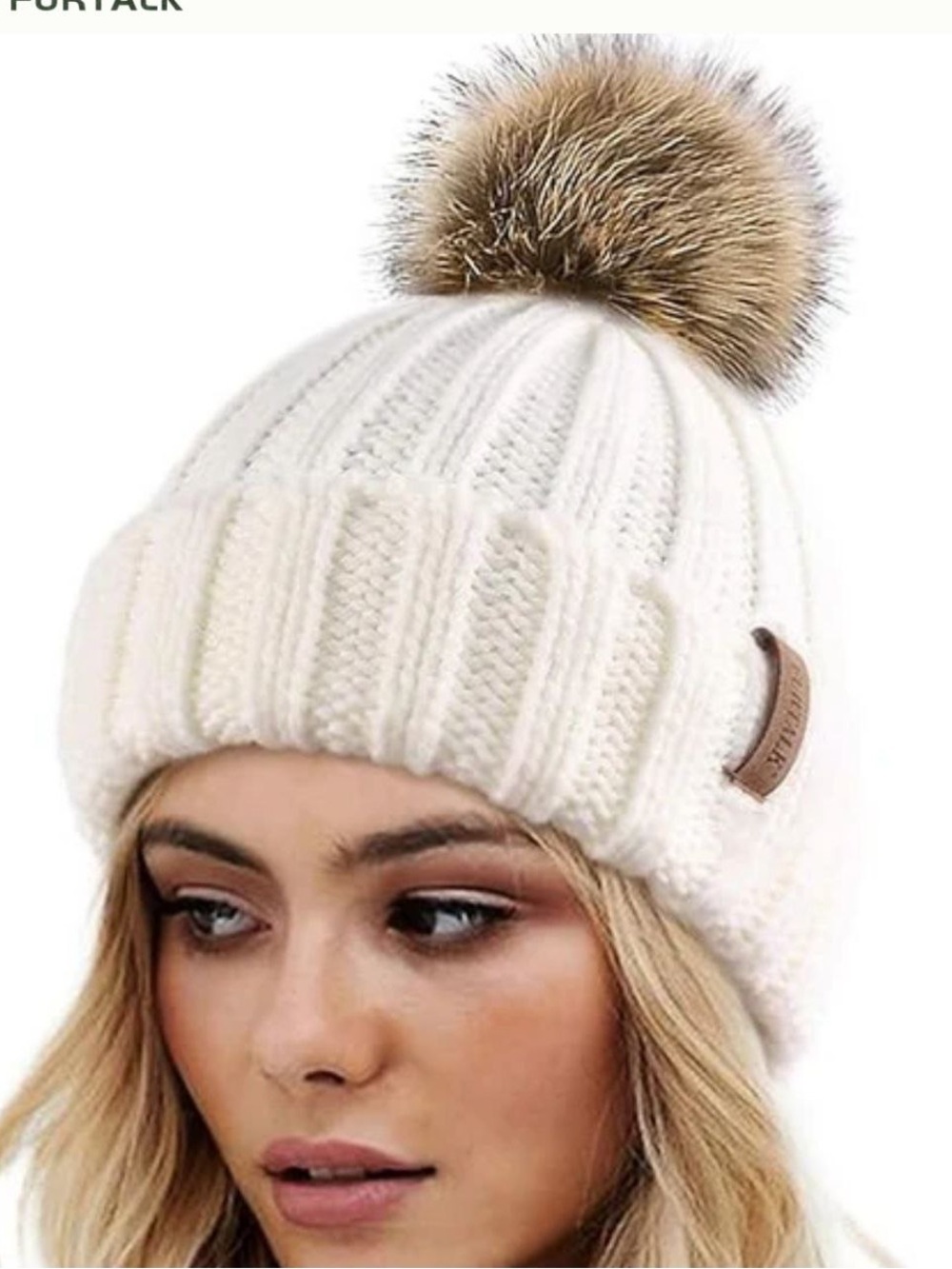 Sorel White Knit Beanie with Brown Faux Fur Pom - Women